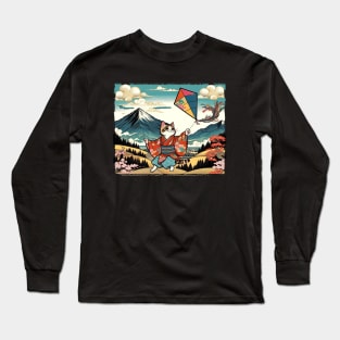 Vintage Japanese Art Kite Lover Playful Kid Cute Cat Long Sleeve T-Shirt